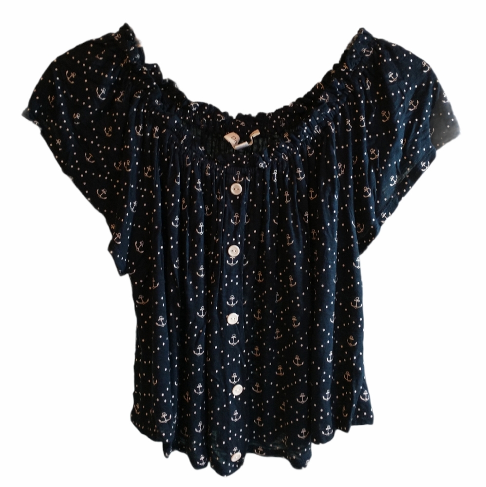 Daily Special Anchor Blue Print Off The Shoulder Top